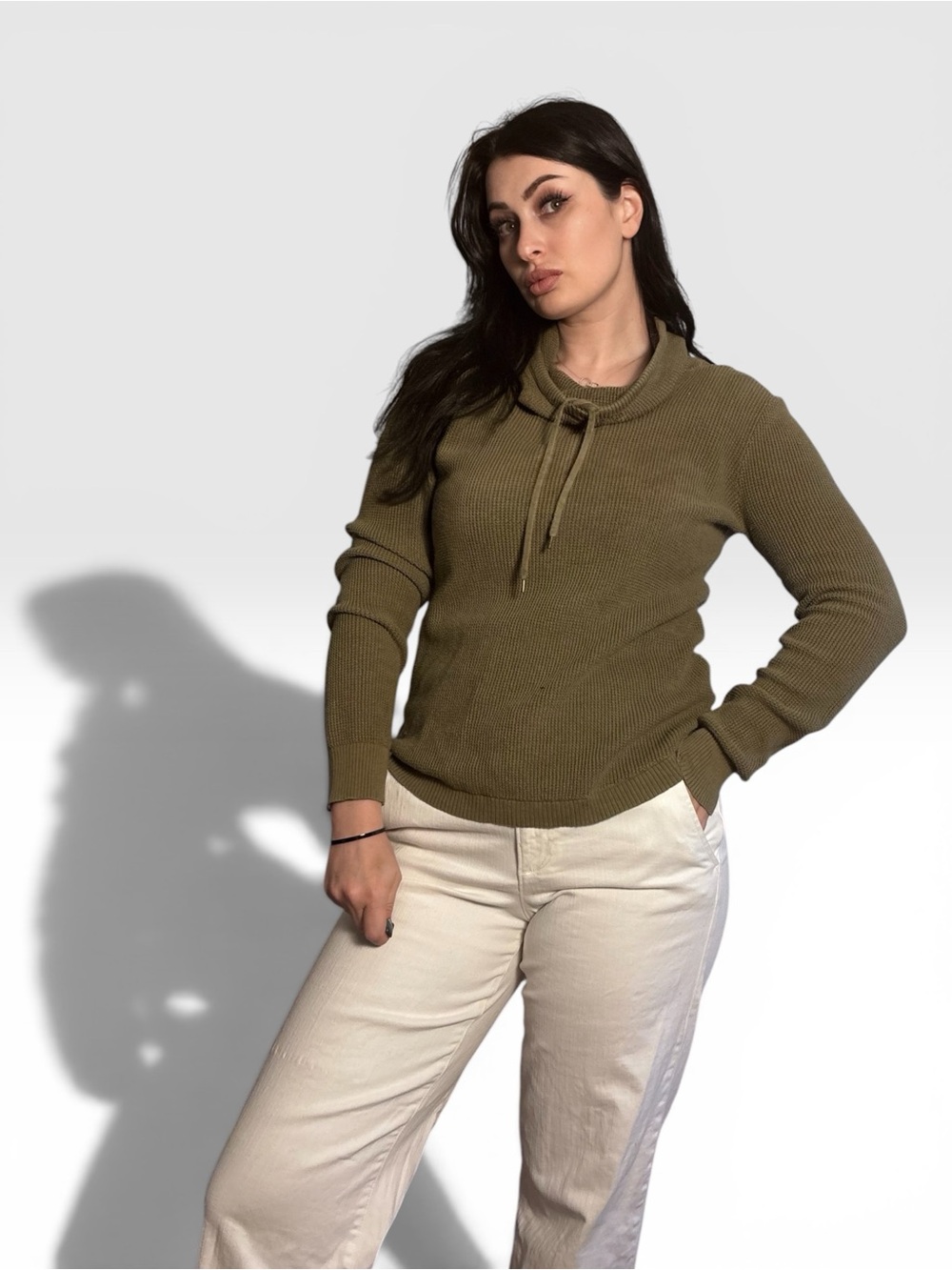Lauren Ralph Lauren Olive Green Waffle Knit Cowl Neck Sweater Medium